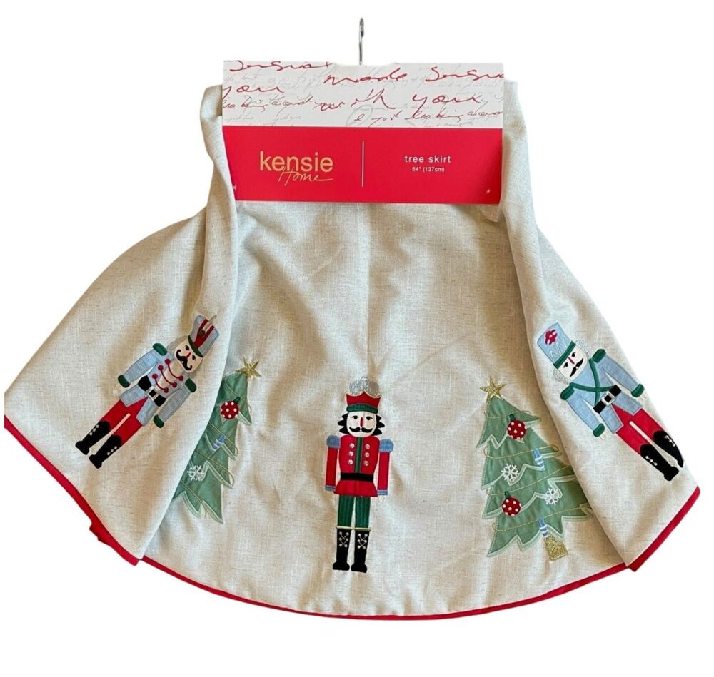 Kensie Home Nutcracker Embroidered Christmas Tree Skirt 54in Linen & Cotton New